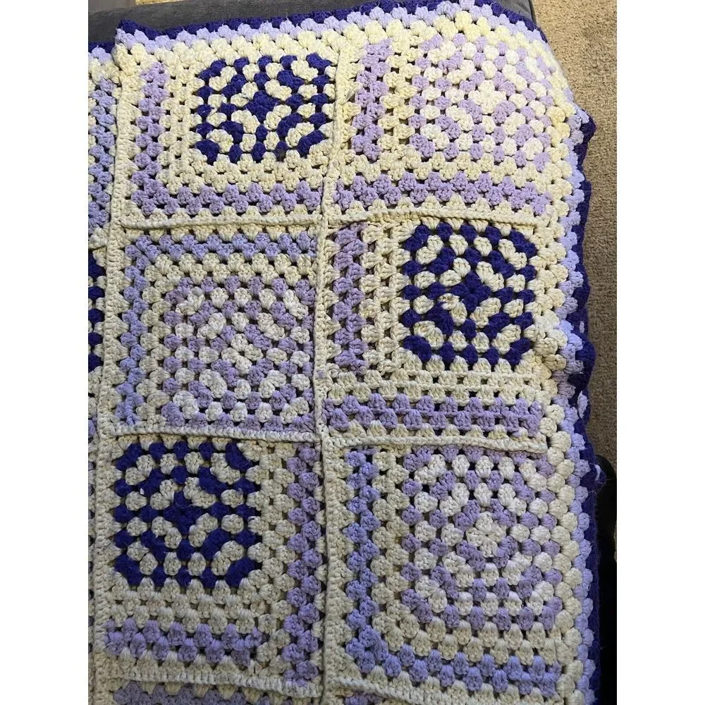 Vtg Purple White Crochet Handmade Afghan Throw Blanket Granny Square Style 48x64